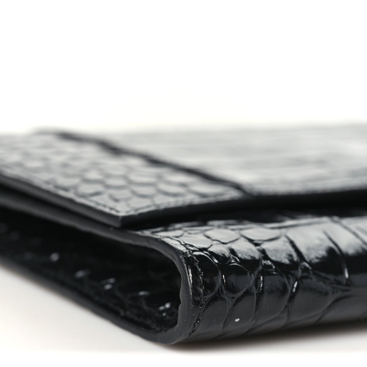 Shiny Calfskin Crocodile Embossed Hourglass Gusset Pouch Black