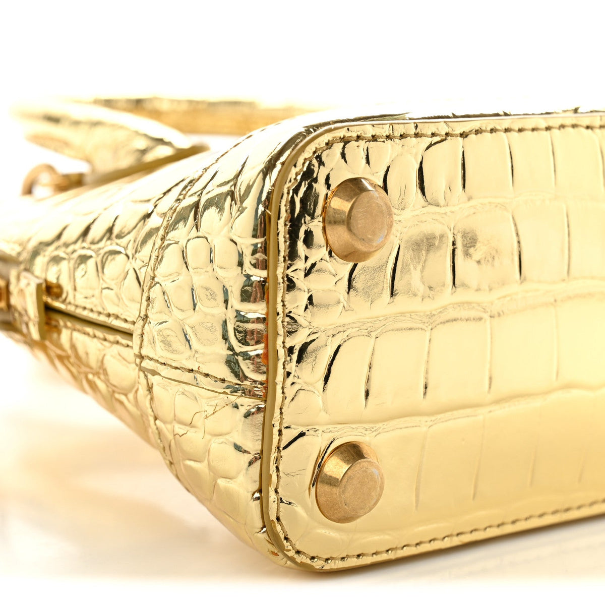 Metallic Calfskin Logo Crocodile Embossed XXS Ville Top Handle Bag Gold Black