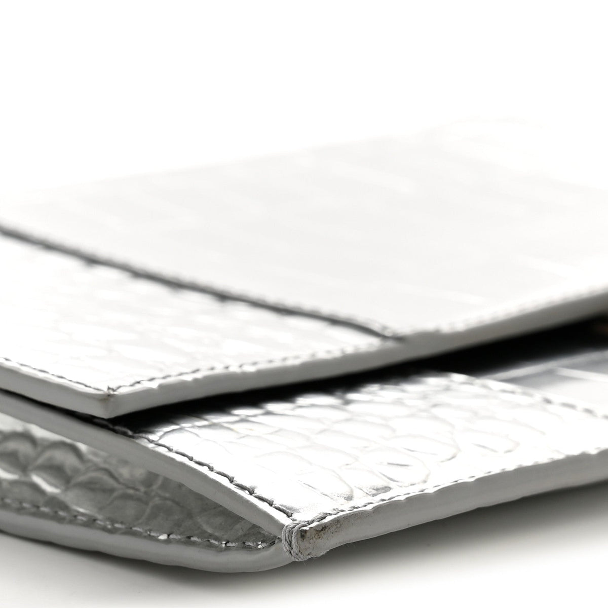 Metallic Calfskin Crocodile Embossed Hourglass Flap Flat Pouch Silver