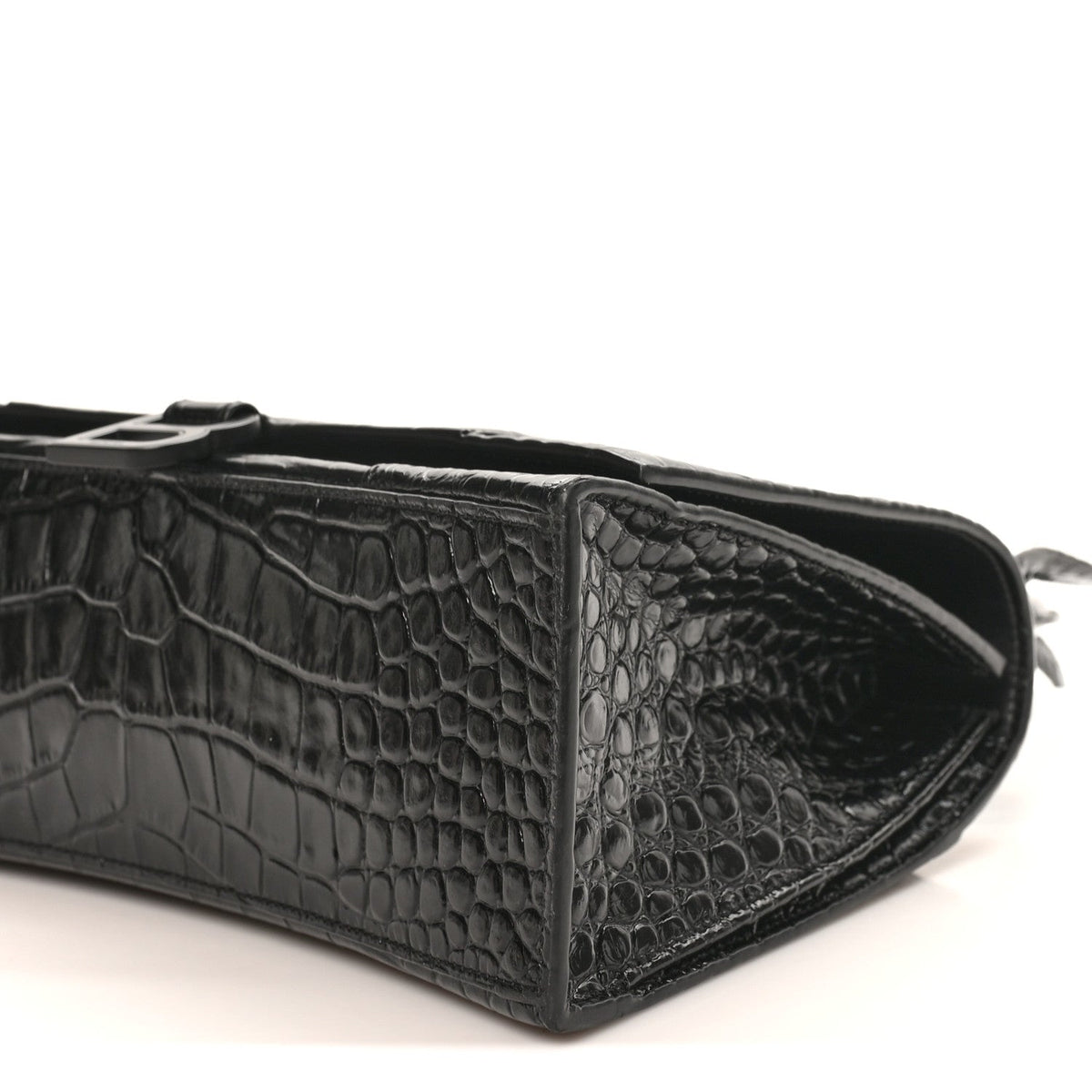 Shiny Calfskin Monochrome Crocodile Embossed Medium Hourglass Top Handle Bag Black