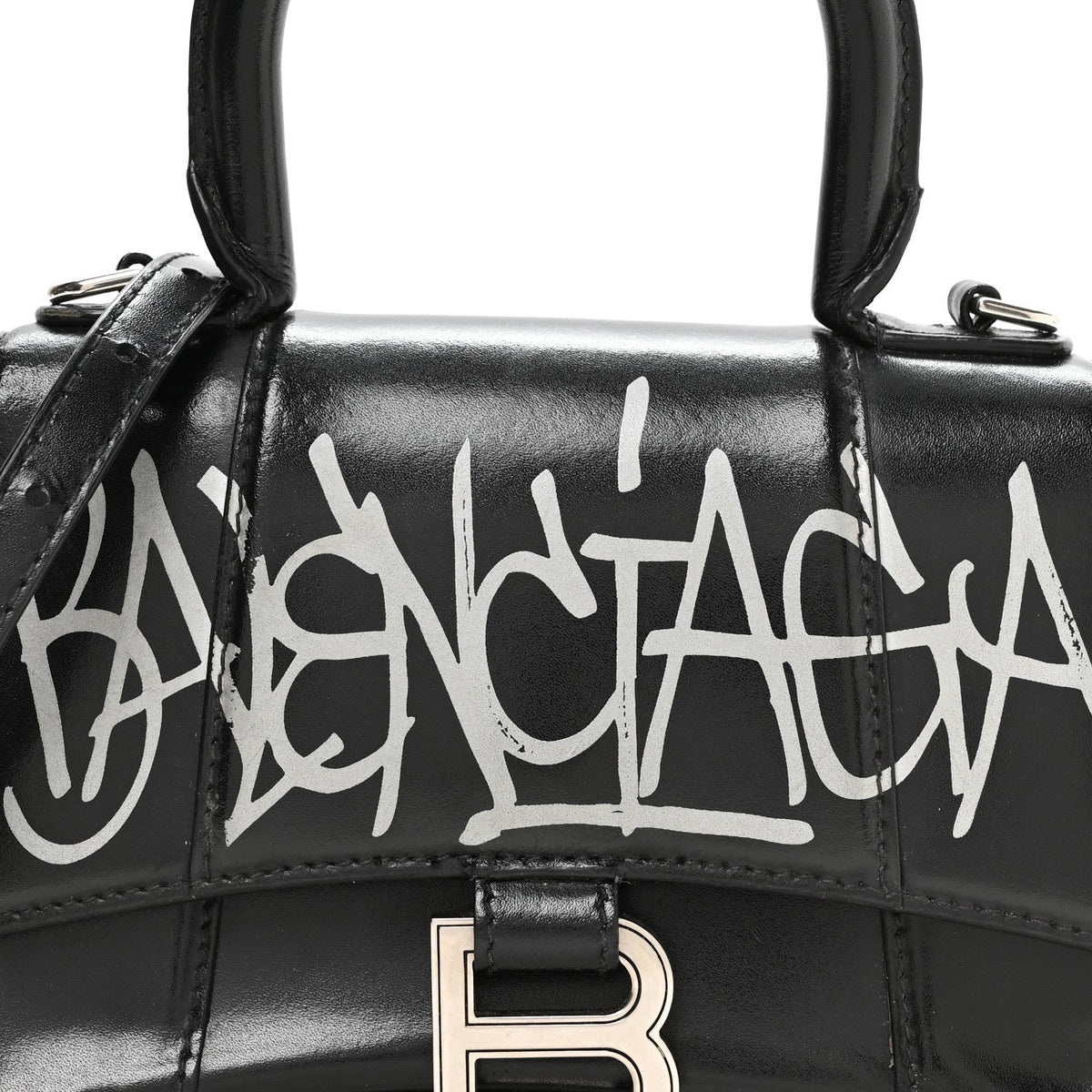 Box Calfskin Graffiti Logo Hourglass Top Handle Bag XS Black Silver