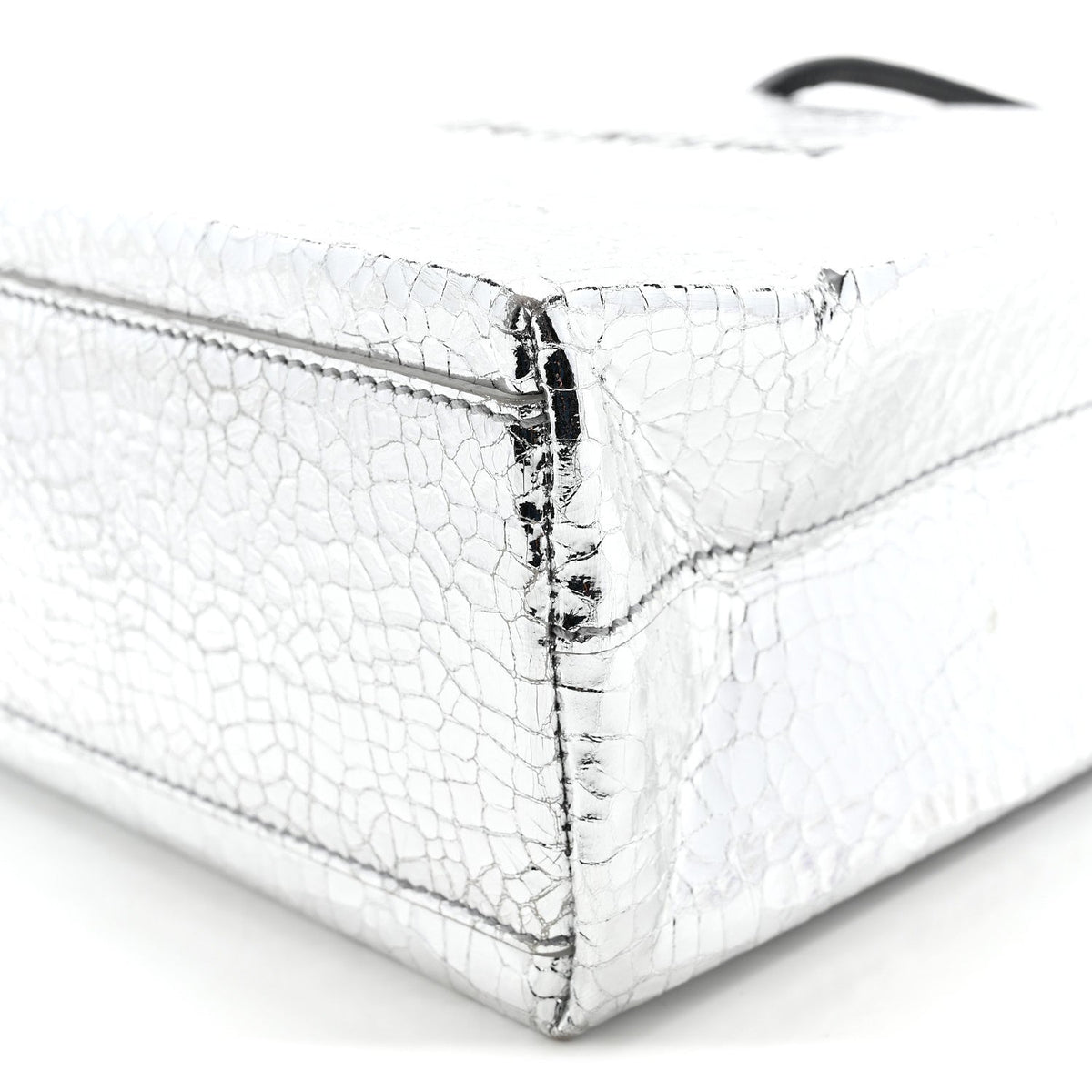 Crackled Mirror Calfskin Logo North South Shopper Tote XXS Silver
