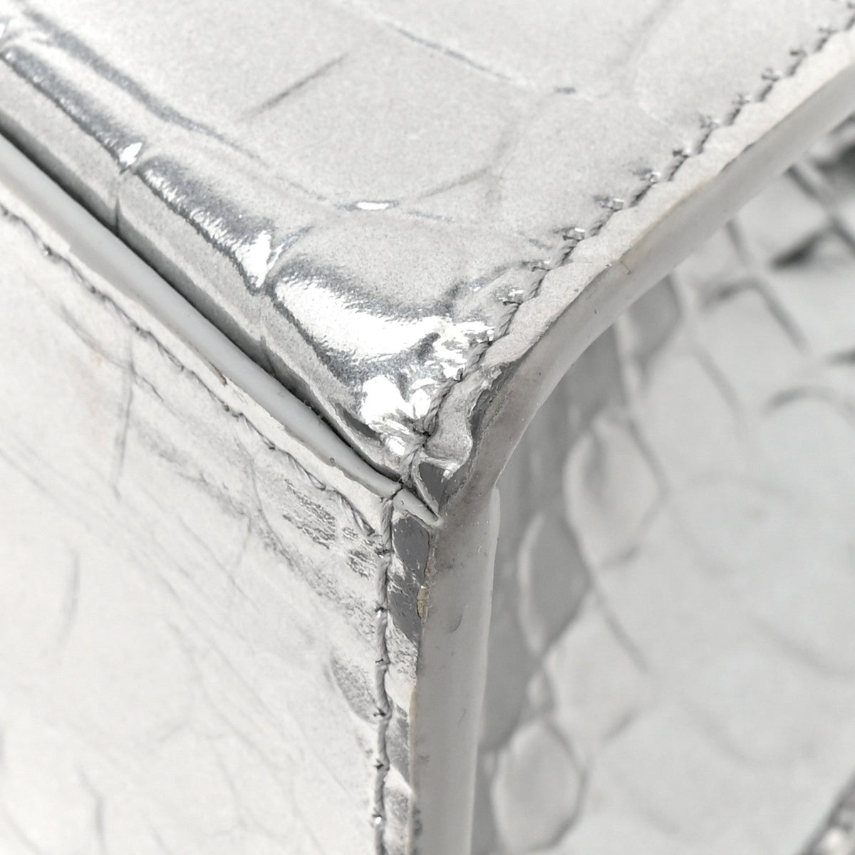 Metallic Calfskin Crocodile Embossed Crystal Hourglass Top Handle Bag XS Silver