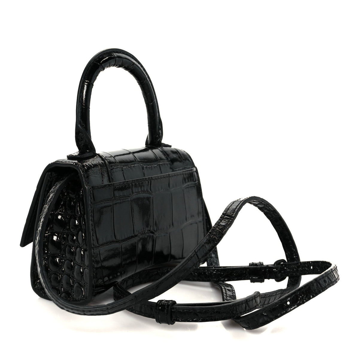 Shiny Calfskin Monochrome Crocodile Embossed Hourglass Top Handle Bag Mini Black