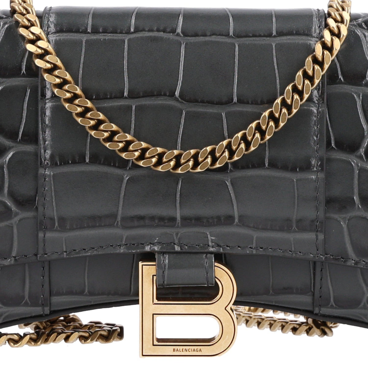 Shiny Calfskin Crocodile Embossed Hourglass Chain Bag Gris
