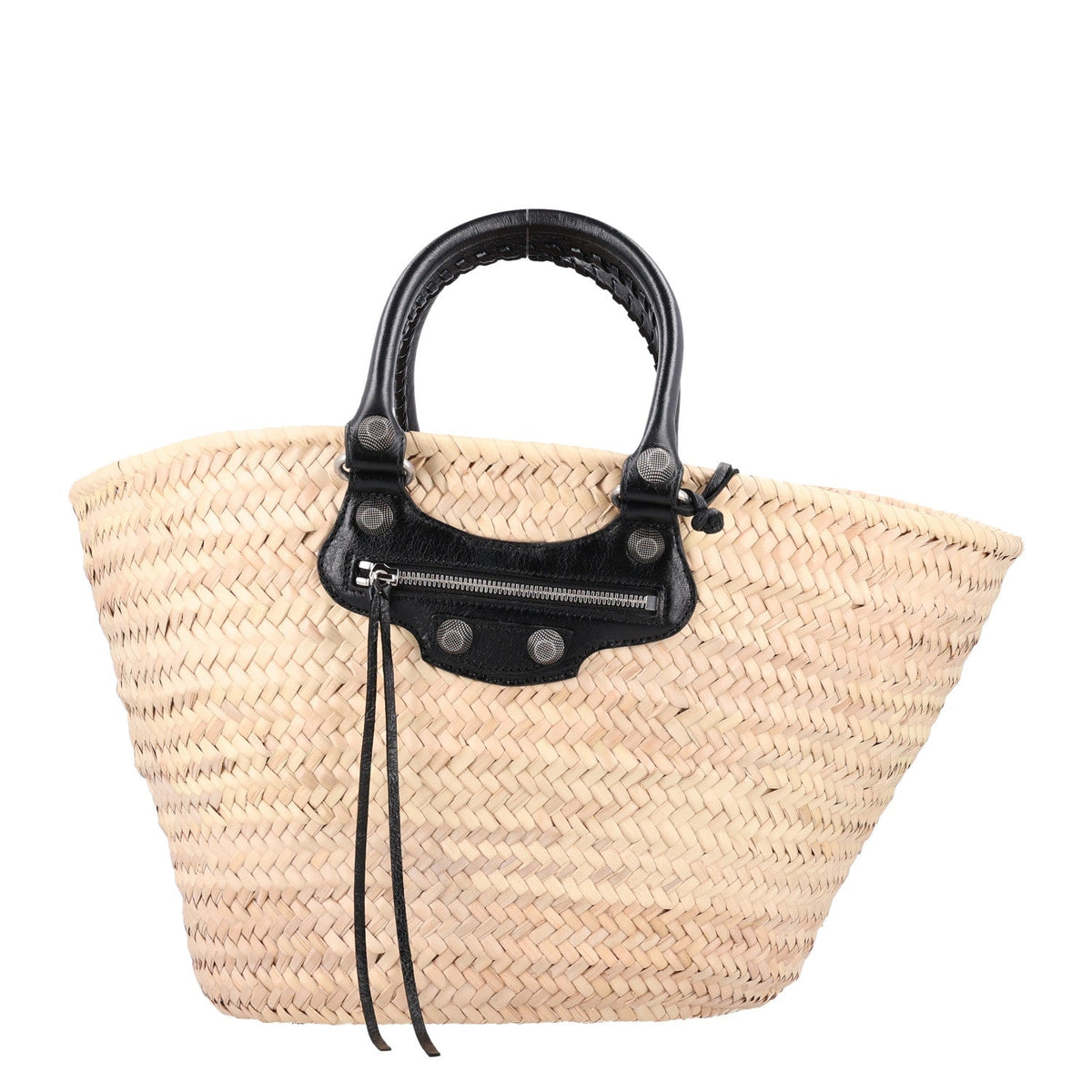 Raffia Woven Medium Le Cagole Tote Bag Black Natural