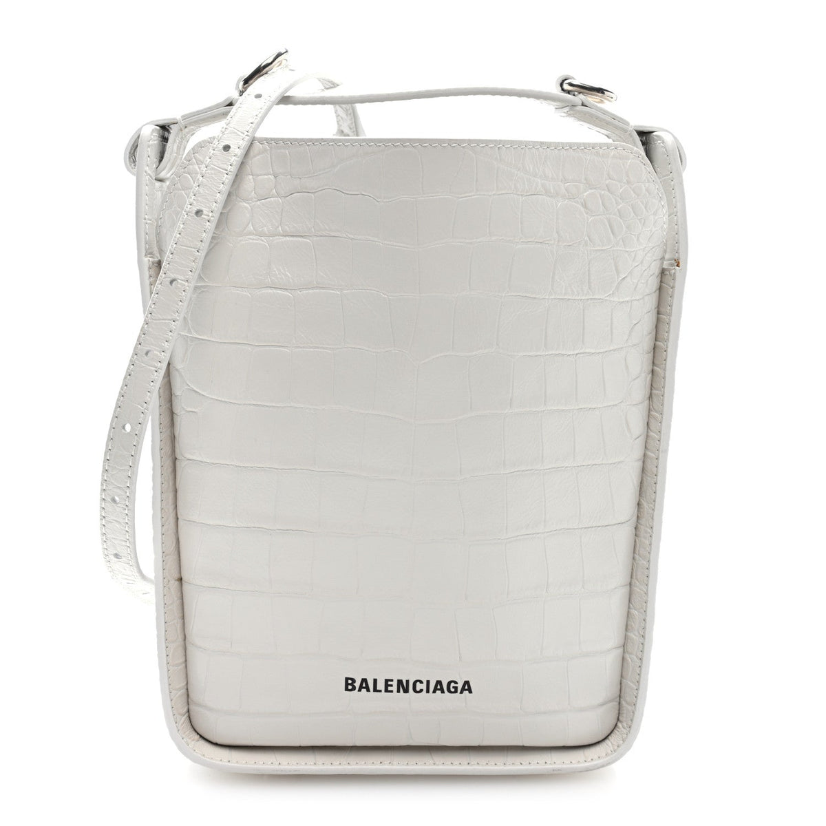 Calfskin Logo Crocodile Embossed XS Tool 2.0 North-South Tote White Black