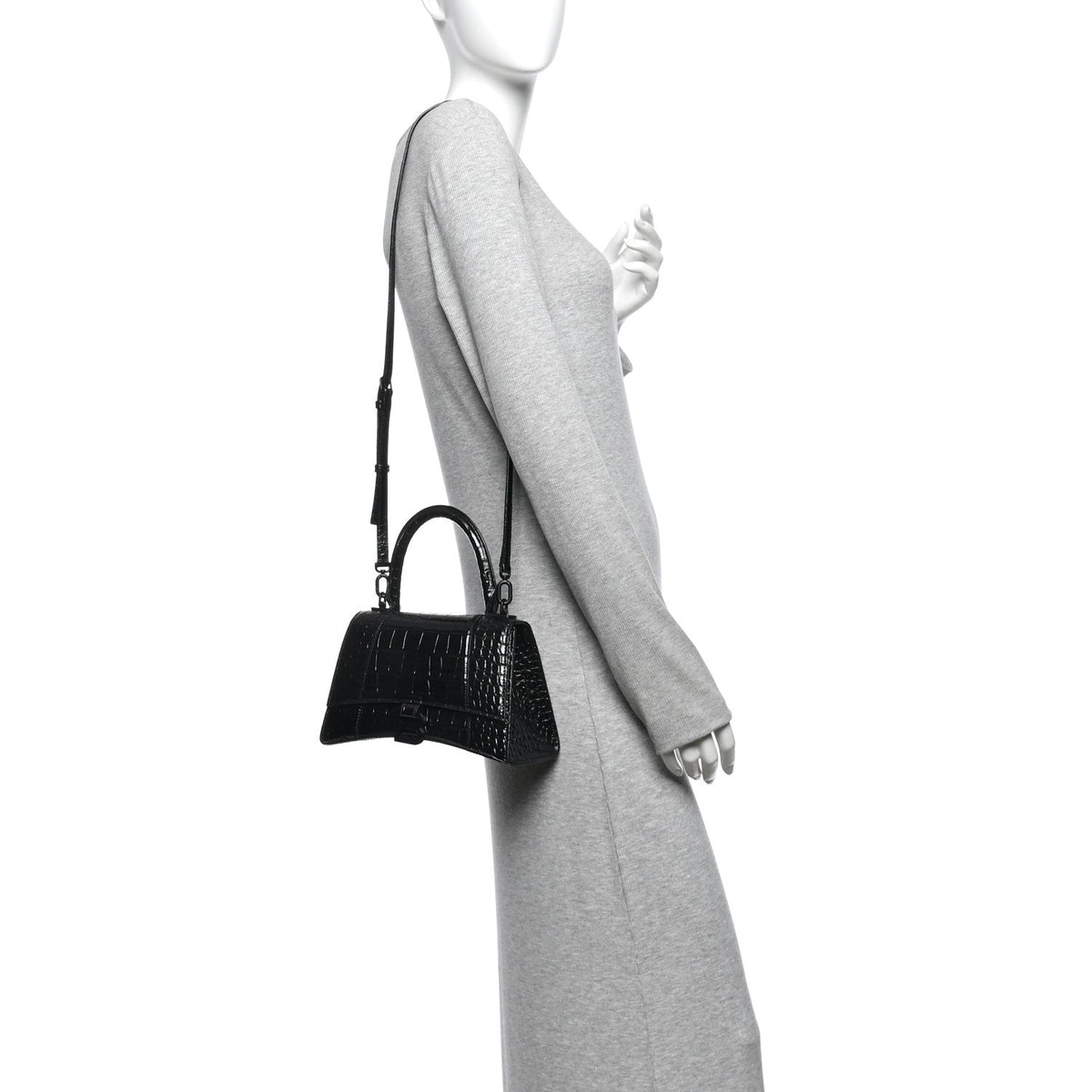 Shiny Calfskin Monochrome Crocodile Embossed Small Hourglass Top Handle Bag Black