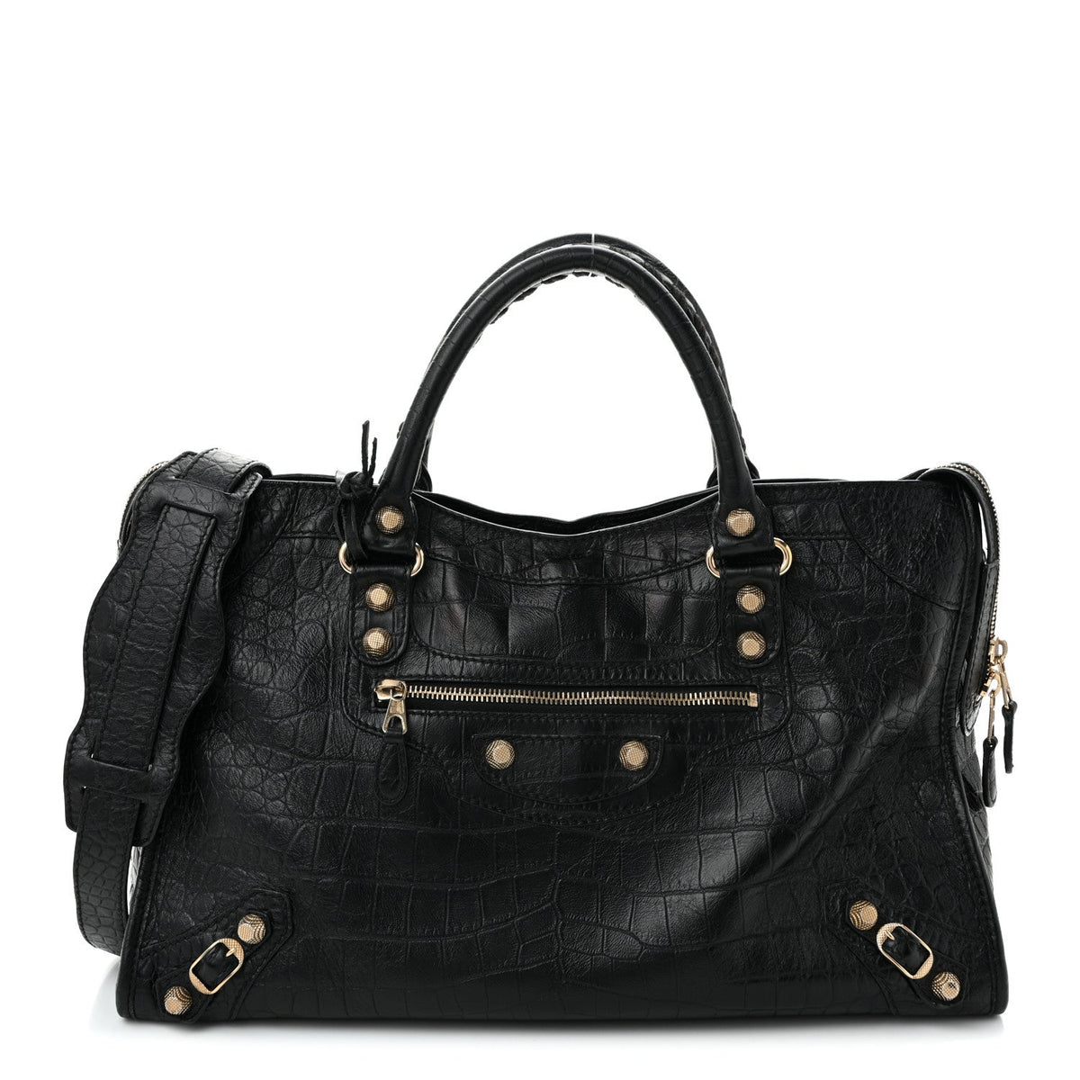 Calfskin Crocodile Embossed Giant 12 Gold Hardware City Black