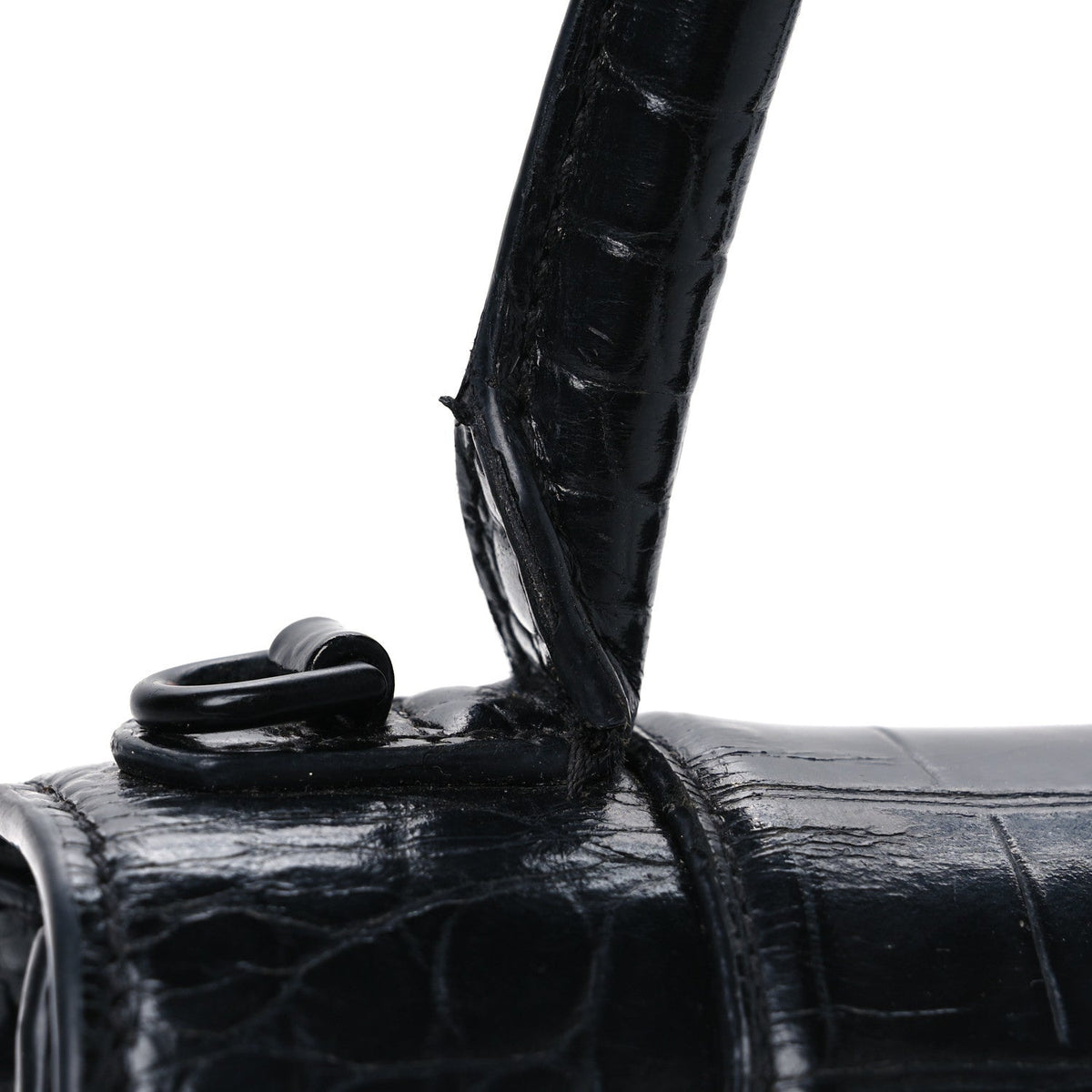 Shiny Calfskin Monochrome Crocodile Embossed Small Hourglass Top Handle Bag Black