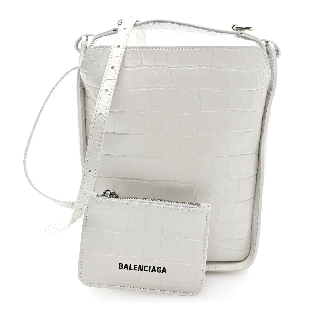 Calfskin Logo Crocodile Embossed XS Tool 2.0 North-South Tote White Black