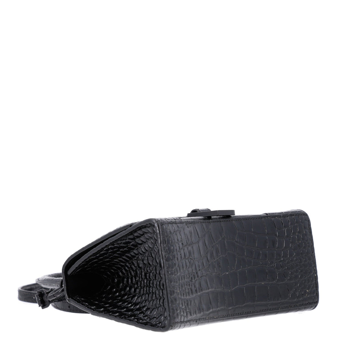 Shiny Calfskin Monochrome Crocodile Embossed Small Hourglass Top Handle Bag Black