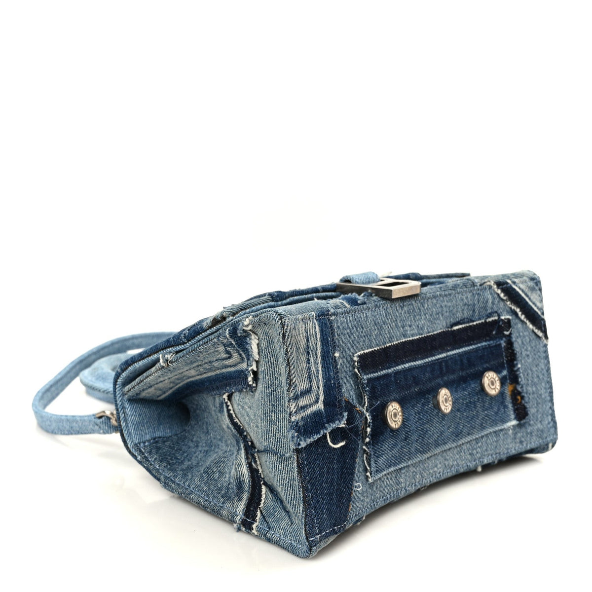 Denim Patchwork Small Hourglass Top Handle Bag Washed Blue