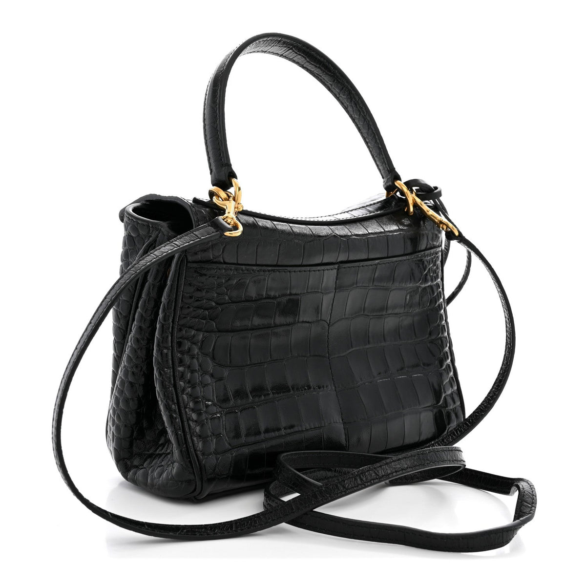 Shiny Calfskin Crocodile Embossed Mini Rodeo Top Handle Handbag Black