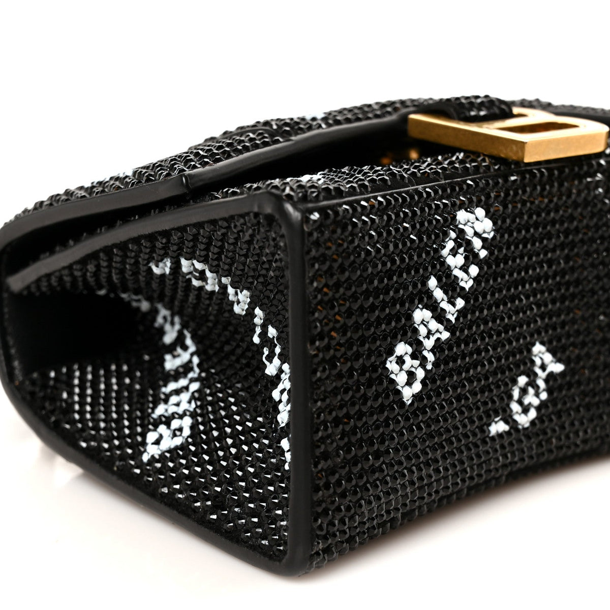 Strass Suede Allover Logo Hourglass Top Handle Bag XS with Chain Black White