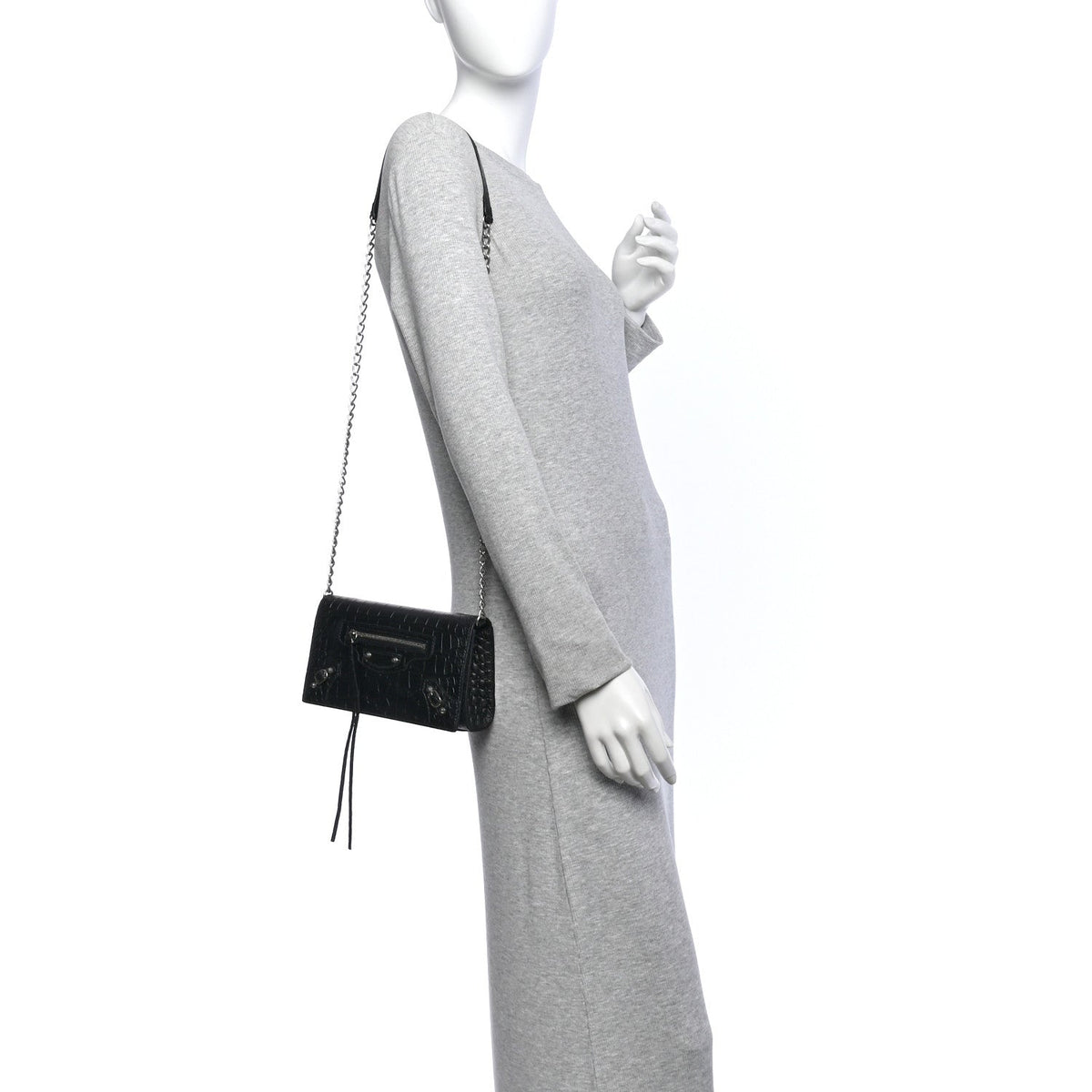 Crocodile Embossed Calfskin Classic Silver Hardware Le City Wallet On Chain Black