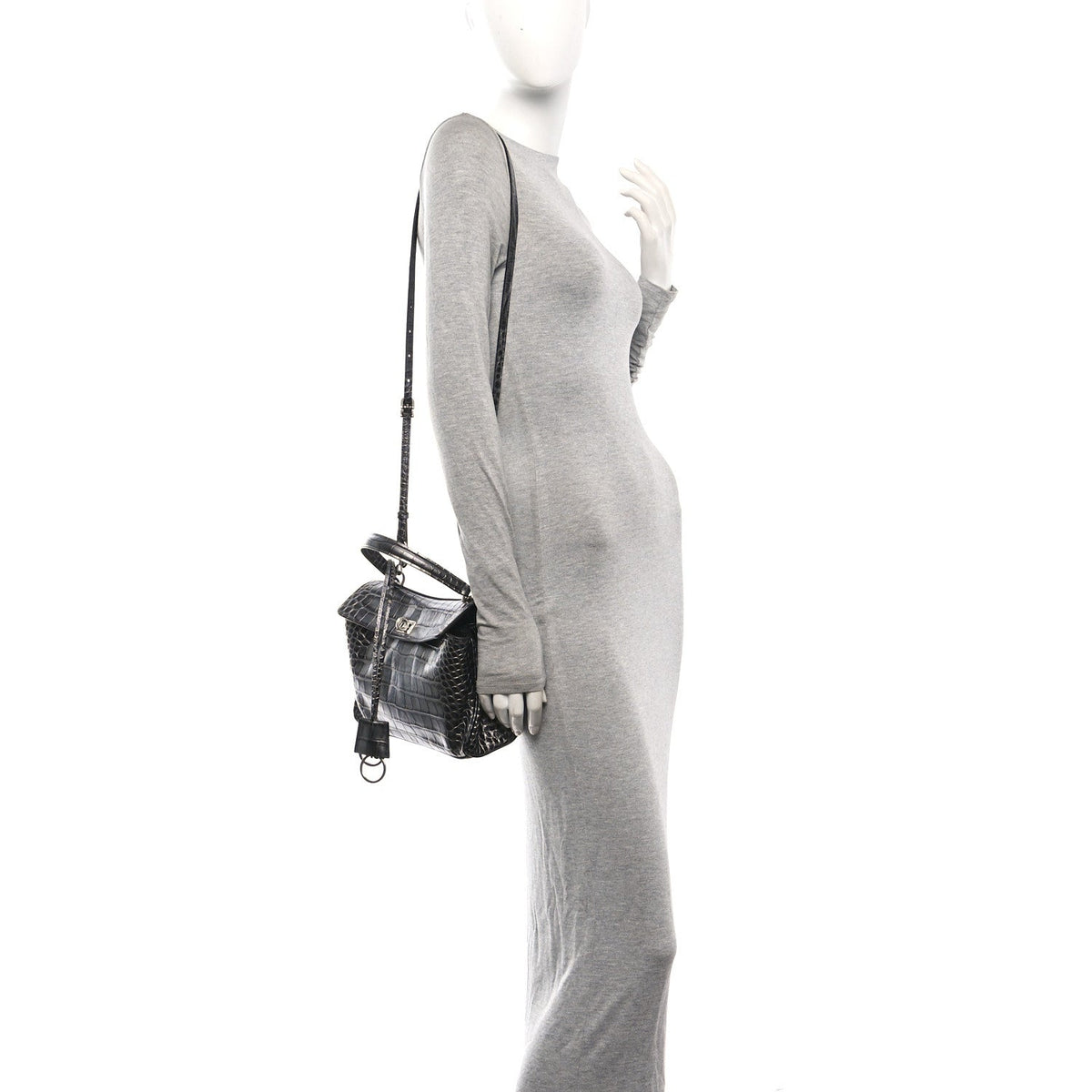 Metallized Calfskin Crocodile Embossed Mini Rodeo Top Handle Handbag Gunmetal