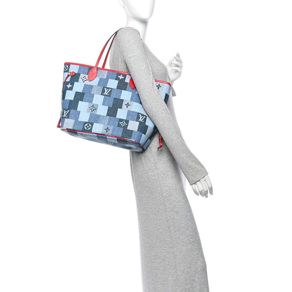 Denim Damier Monogram Patchwork Neverfull Blue Rouge
