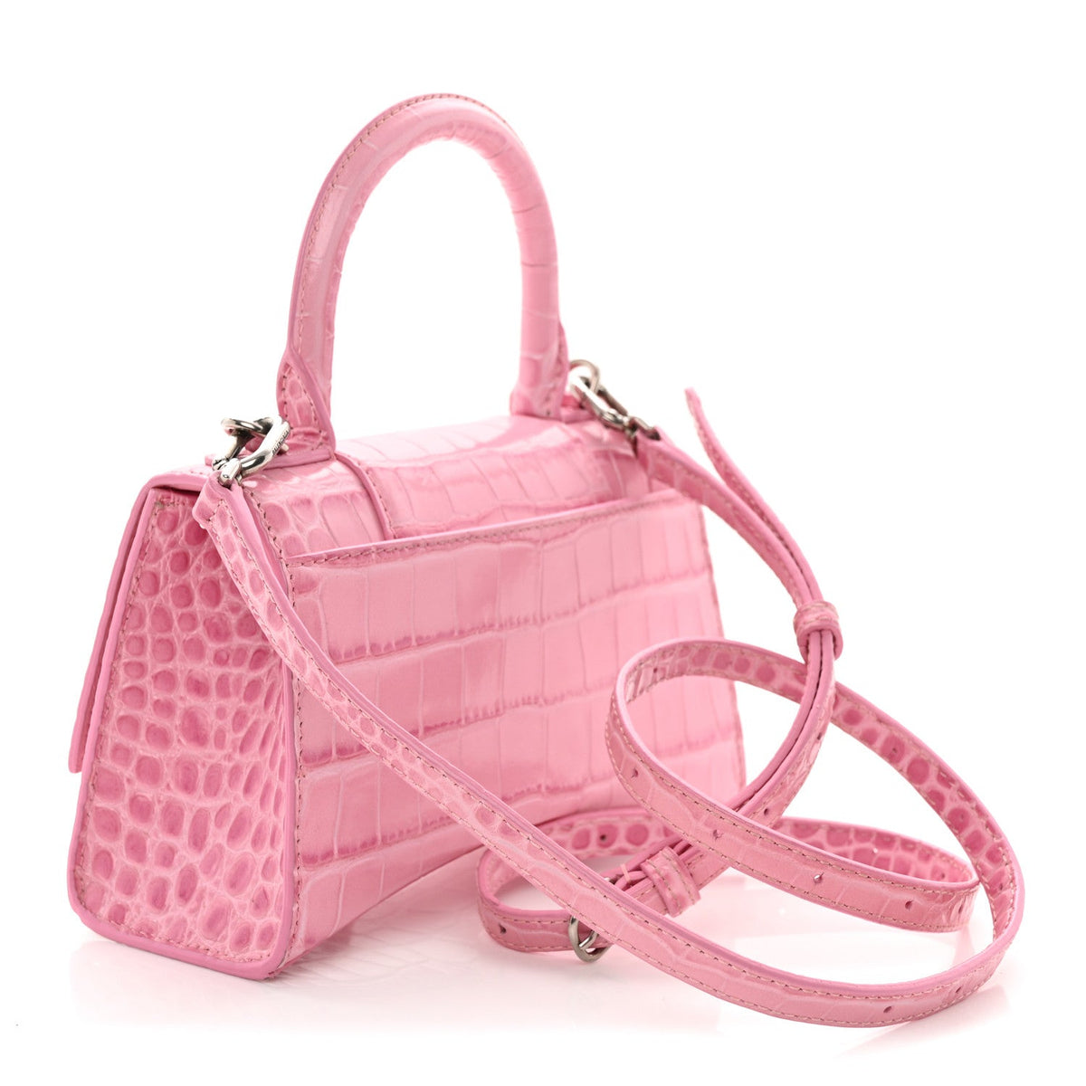 Shiny Calfskin Crocodile Embossed Hourglass Top Handle Bag XS Sweet Pink