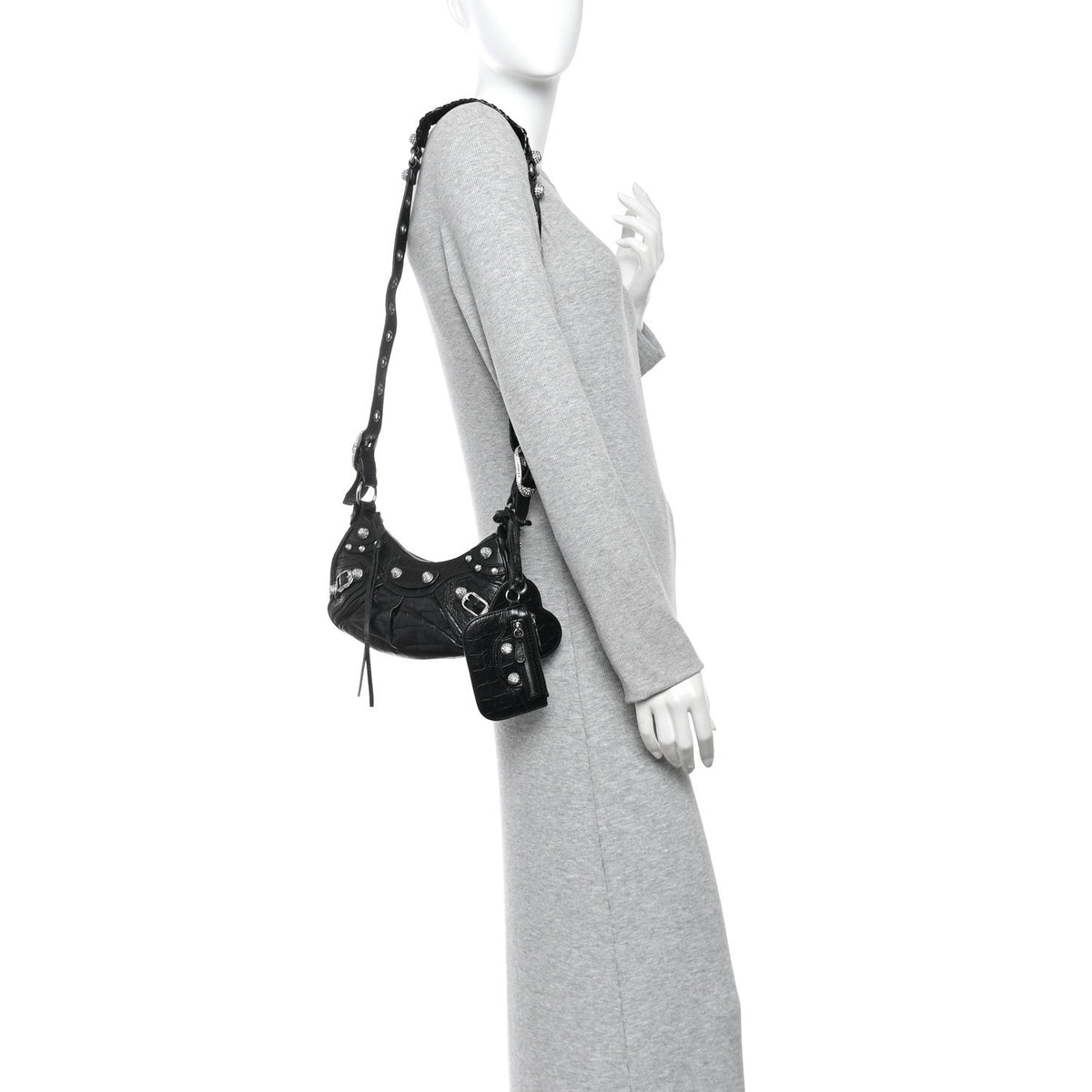 Extra Supple Calfskin Crystal Crocodile Embossed Le Cagole Shoulder Bag XS Black
