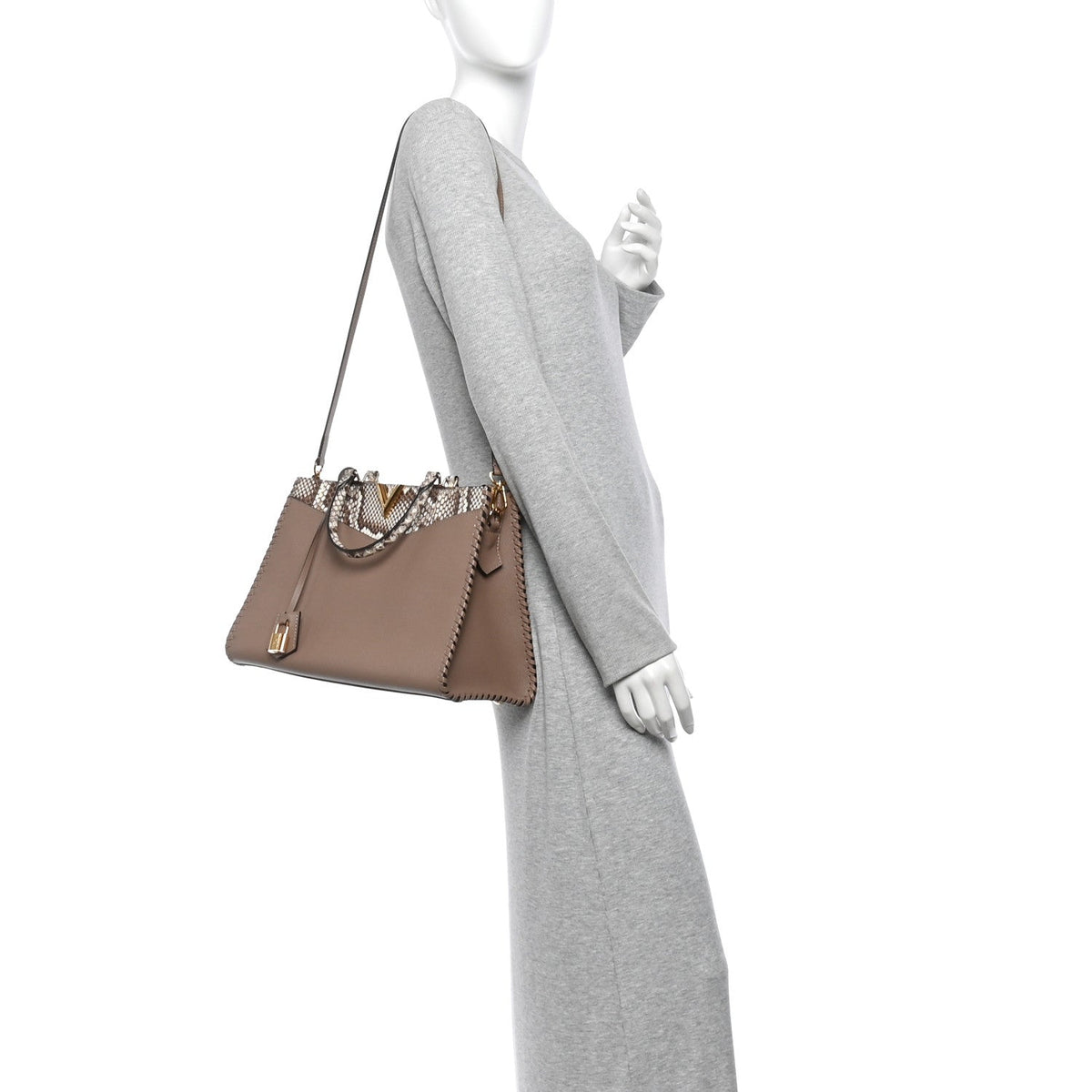Calfskin Snakeskin Very Zipped Tote Taupe