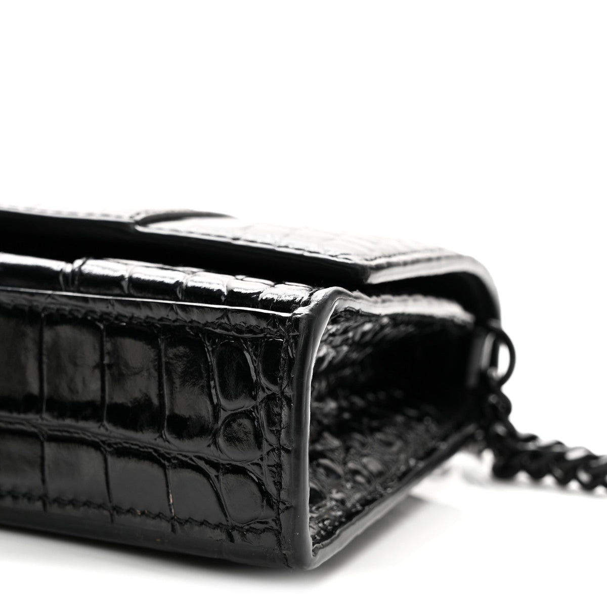 Shiny Calfskin Monochrome Crocodile Embossed Hourglass Chain Bag Black