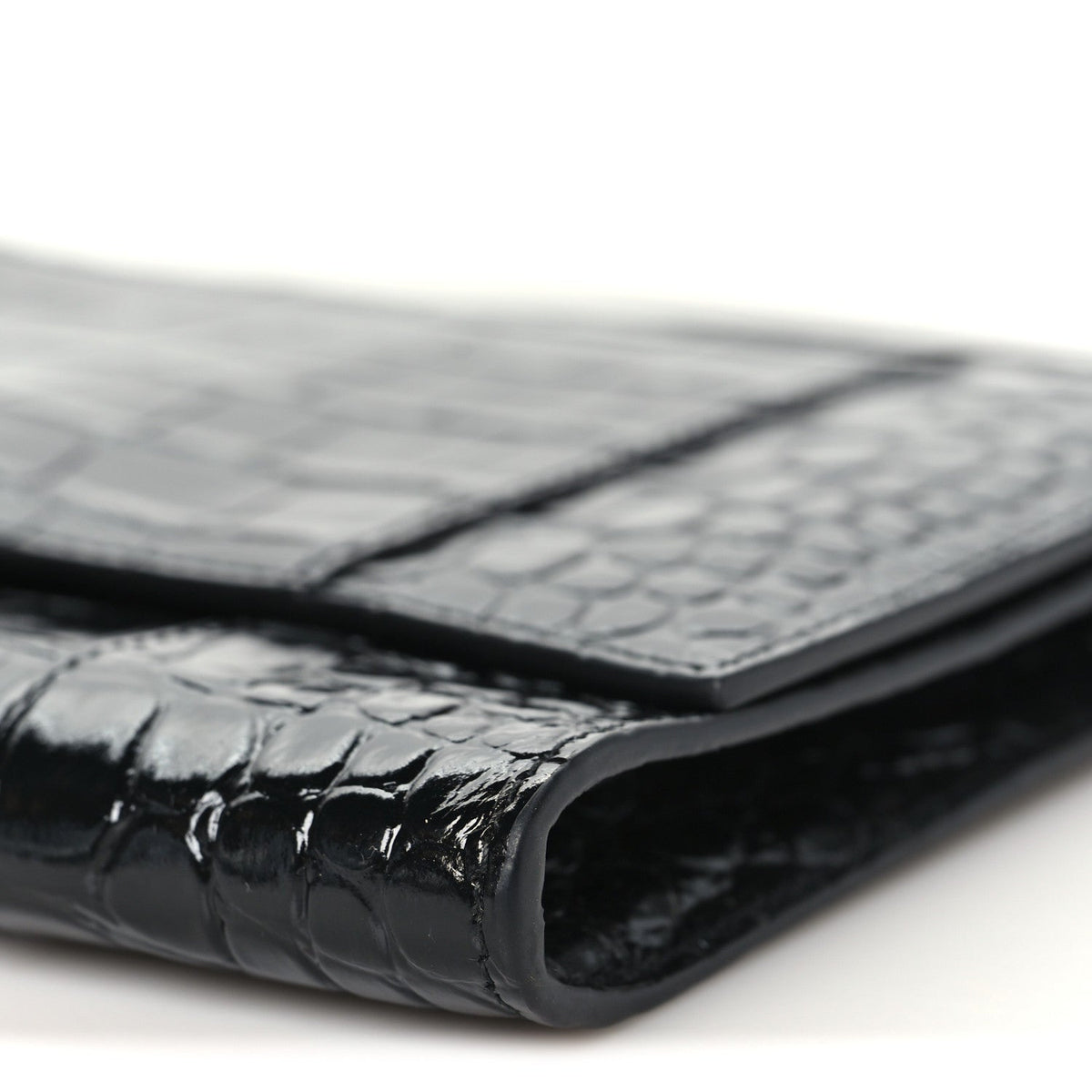 Shiny Calfskin Crocodile Embossed Hourglass Gusset Pouch Black