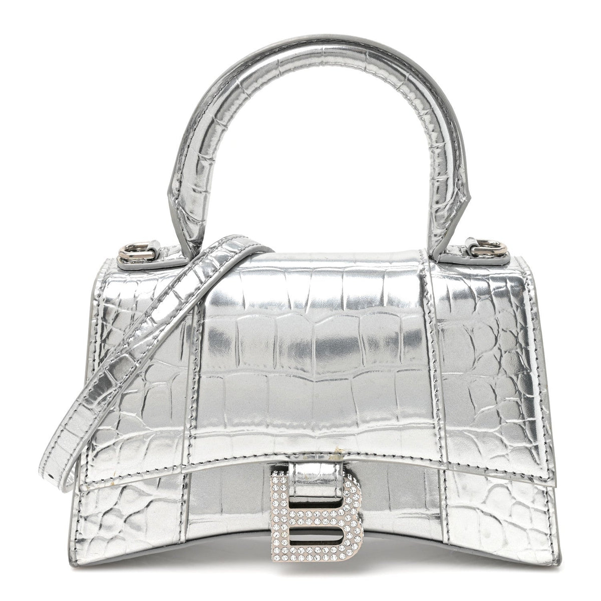 Metallic Calfskin Crocodile Embossed Crystal Hourglass Top Handle Bag XS Silver