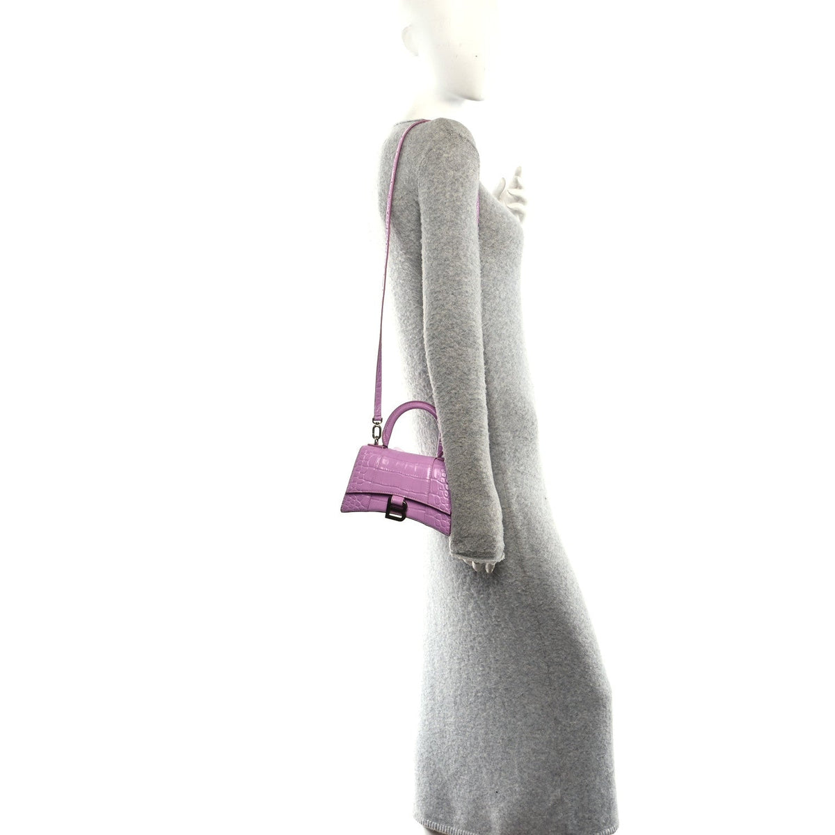 Shiny Calfskin Crocodile Embossed Hourglass Top Handle Bag XS Lilac