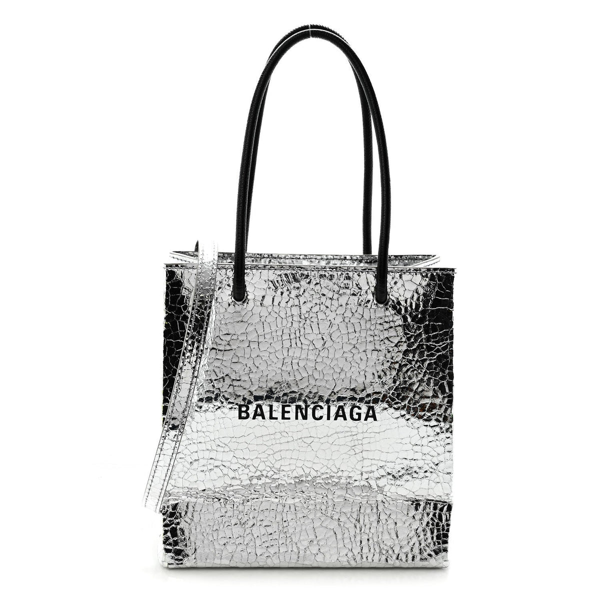 Crackled Mirror Calfskin Logo North South Shopper Tote XXS Silver