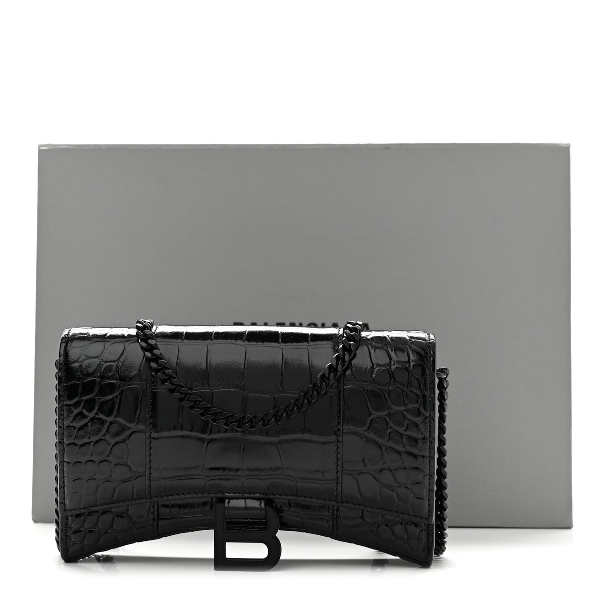 Shiny Calfskin Monochrome Crocodile Embossed Hourglass Chain Bag Black