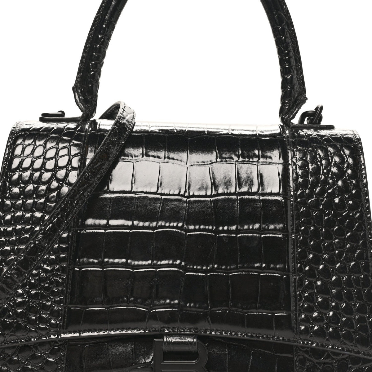Shiny Calfskin Monochrome Crocodile Embossed Medium Hourglass Top Handle Bag Black