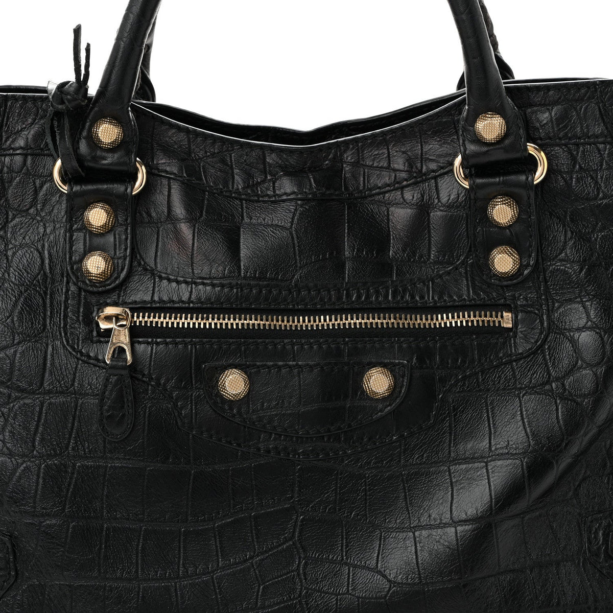 Calfskin Crocodile Embossed Giant 12 Gold Hardware City Black