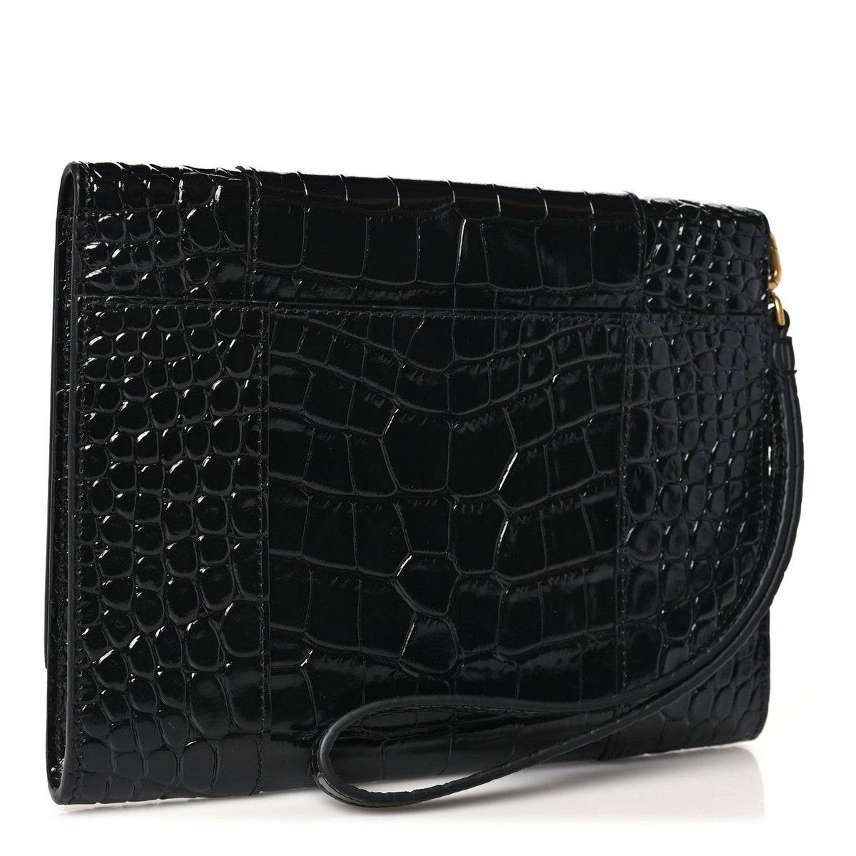 Shiny Calfskin Crocodile Embossed Hourglass Gusset Pouch Black