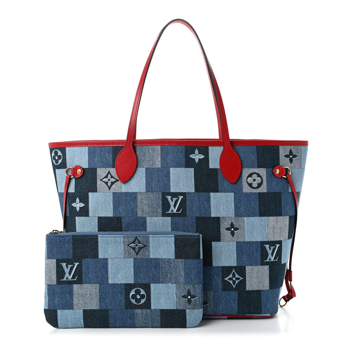 Denim Damier Monogram Patchwork Neverfull Blue Rouge