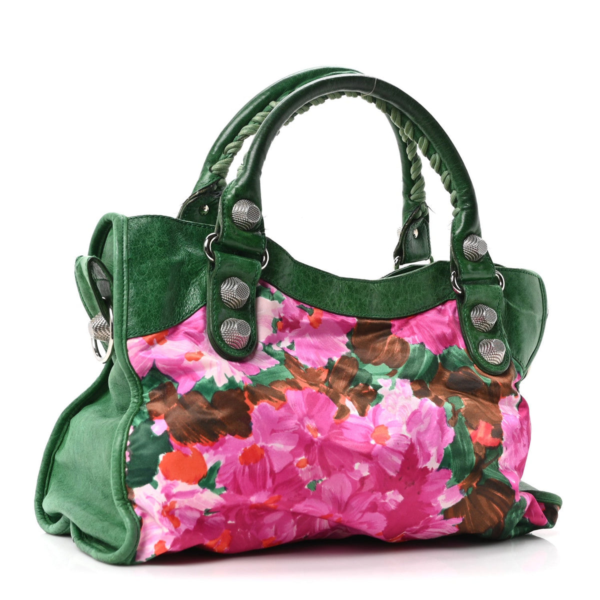 Chevre Satin Giant 21 Silver Hardware City Green Floral
