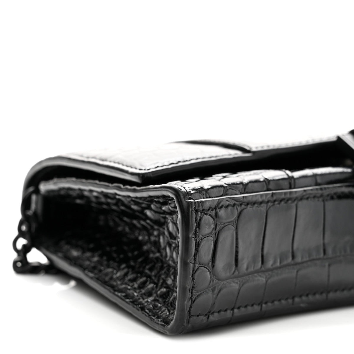 Shiny Calfskin Monochrome Crocodile Embossed Hourglass Chain Bag Black