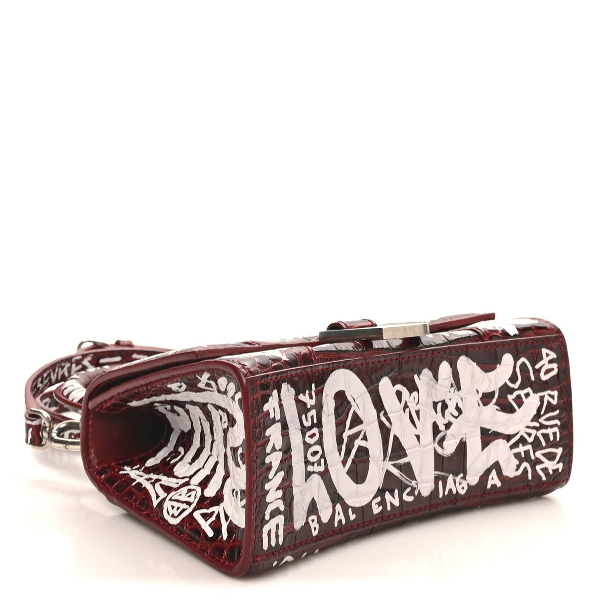 Crocodile Embossed Calfskin Graffiti Hourglass Top Handle Bag XS Dark Red White