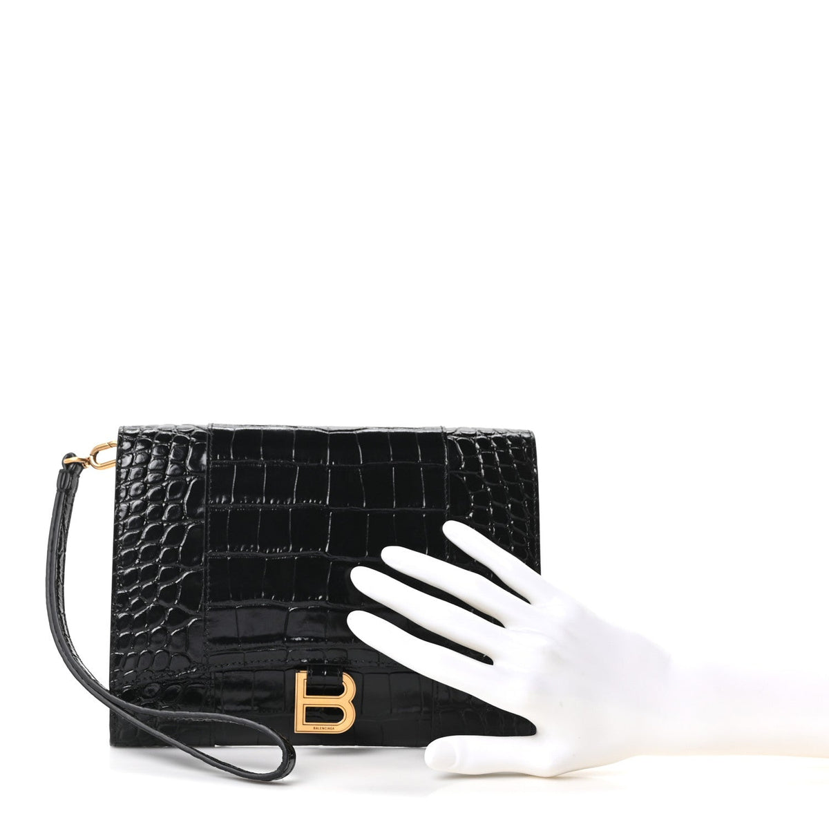 Shiny Calfskin Crocodile Embossed Hourglass Gusset Pouch Black