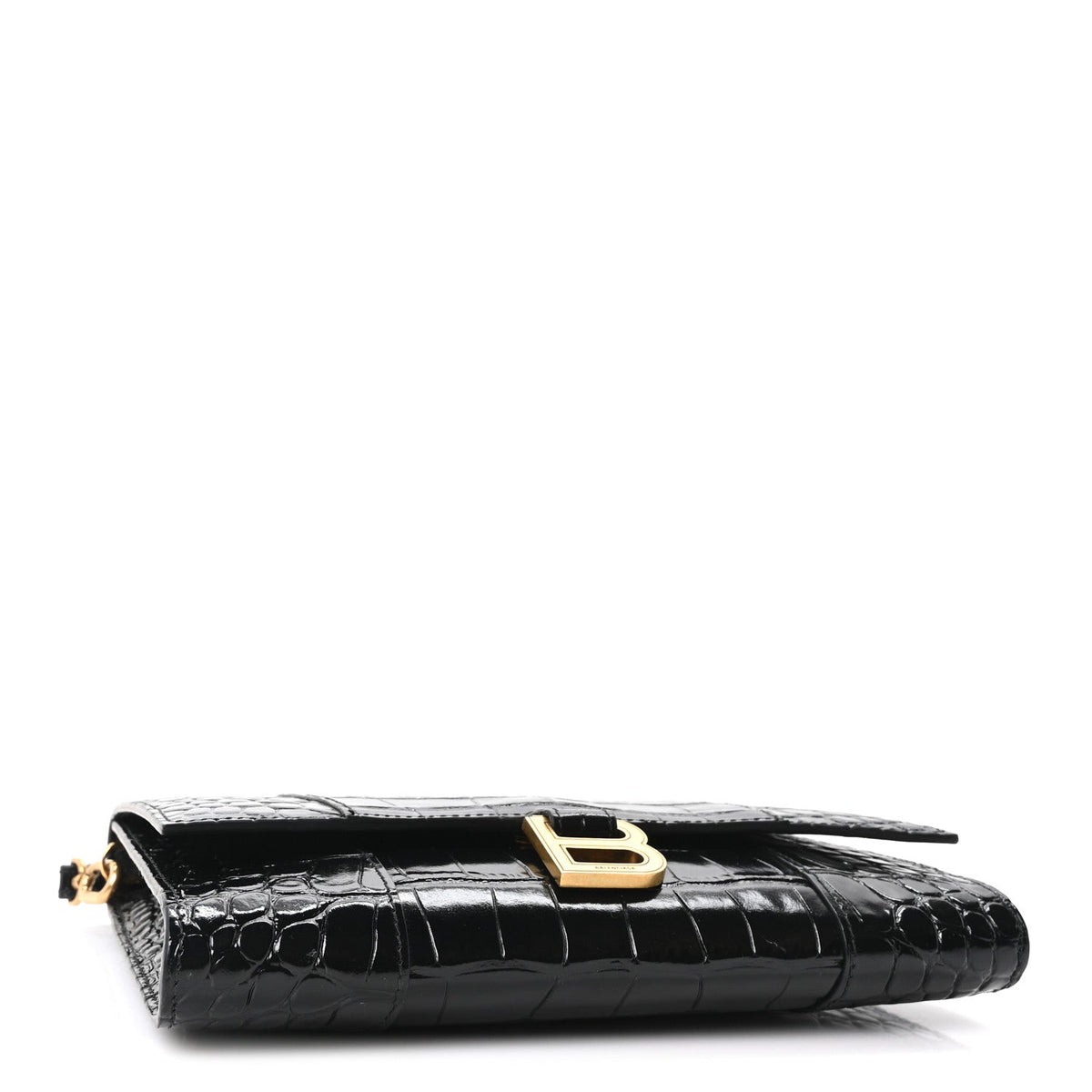 Shiny Calfskin Crocodile Embossed Hourglass Gusset Pouch Black