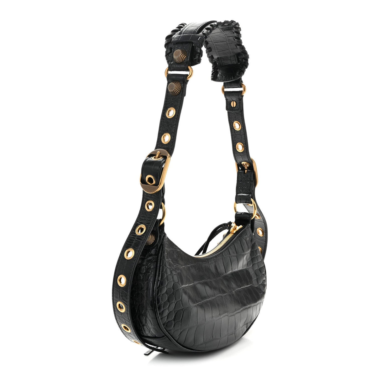 Extra Supple Calfskin Crocodile Embossed Le Cagole Shoulder Bag XS Black