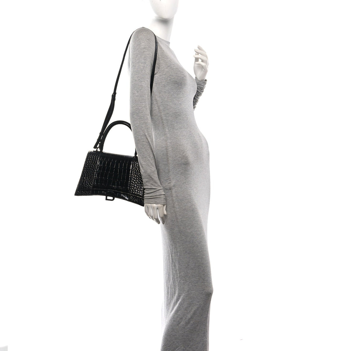 Shiny Calfskin Monochrome Crocodile Embossed Medium Hourglass Top Handle Bag Black