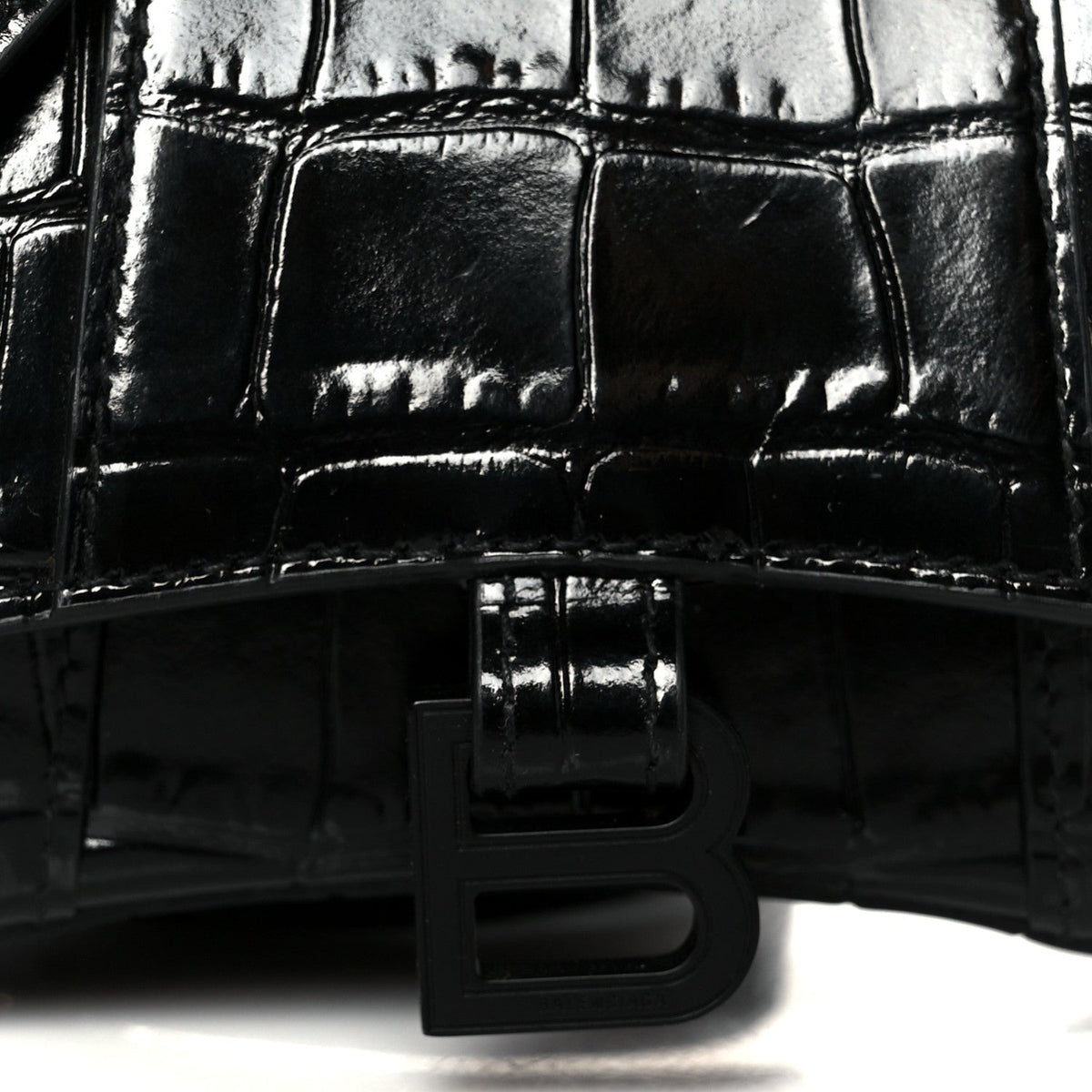 Shiny Calfskin Monochrome Crocodile Embossed Hourglass Top Handle Bag Mini Black
