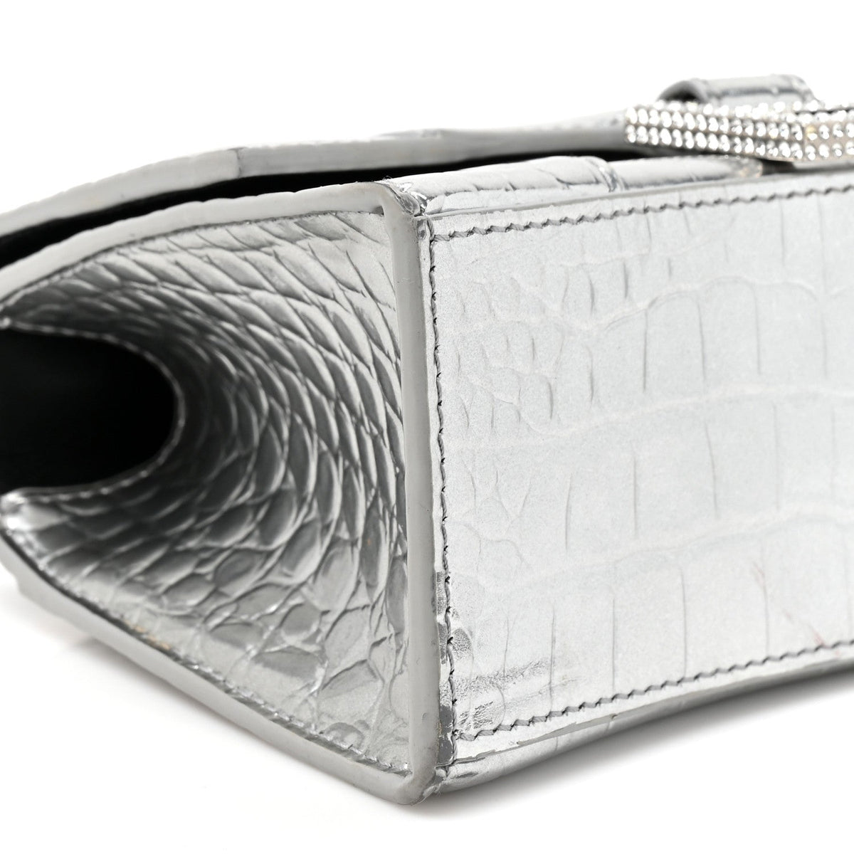 Metallic Calfskin Crocodile Embossed Crystal Hourglass Top Handle Bag XS Silver