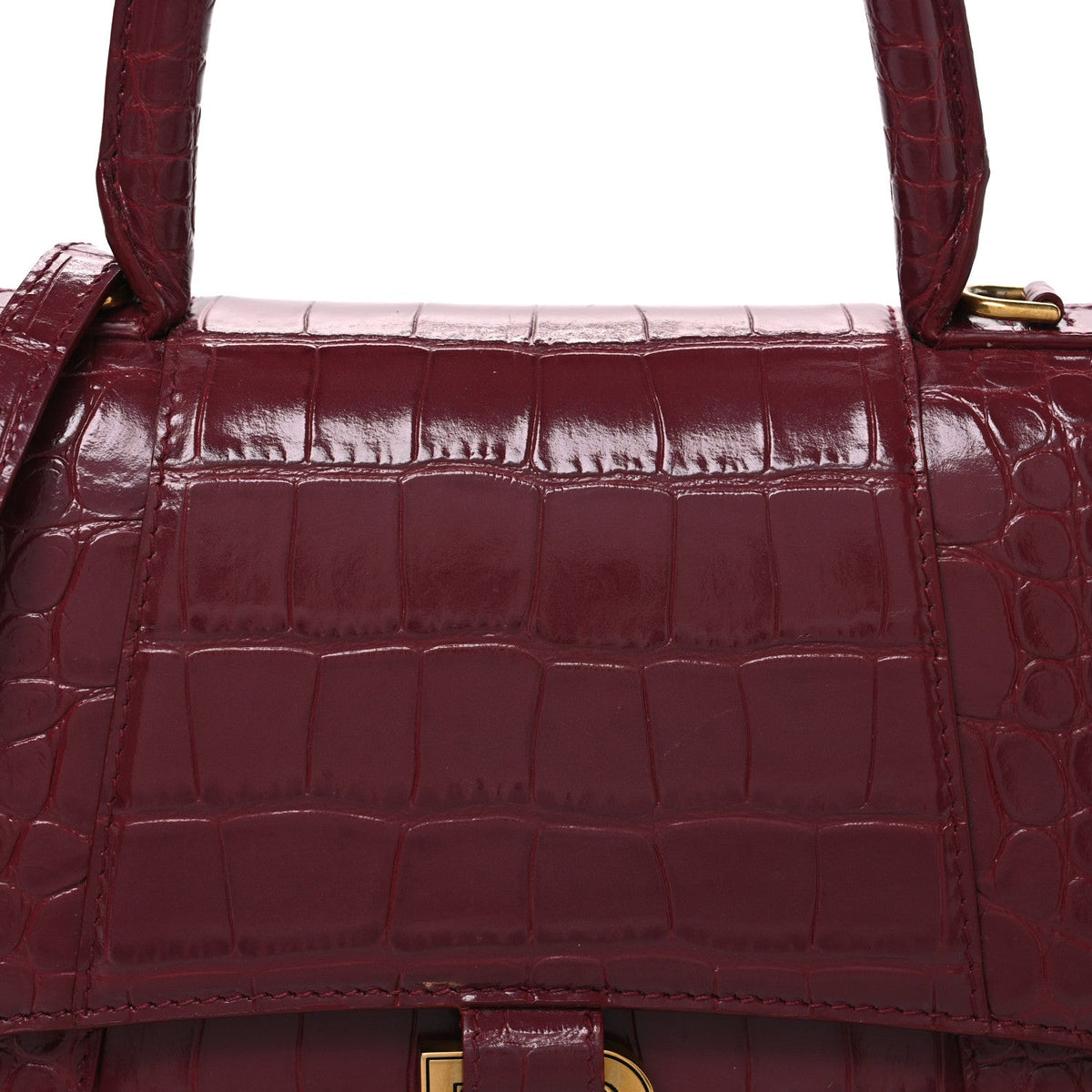 Shiny Calfskin Crocodile Embossed Small Hourglass Top Handle Bag Dark Red