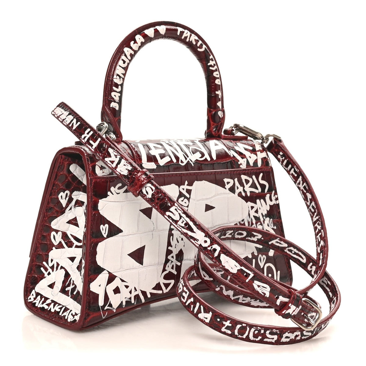 Crocodile Embossed Calfskin Graffiti Hourglass Top Handle Bag XS Dark Red White