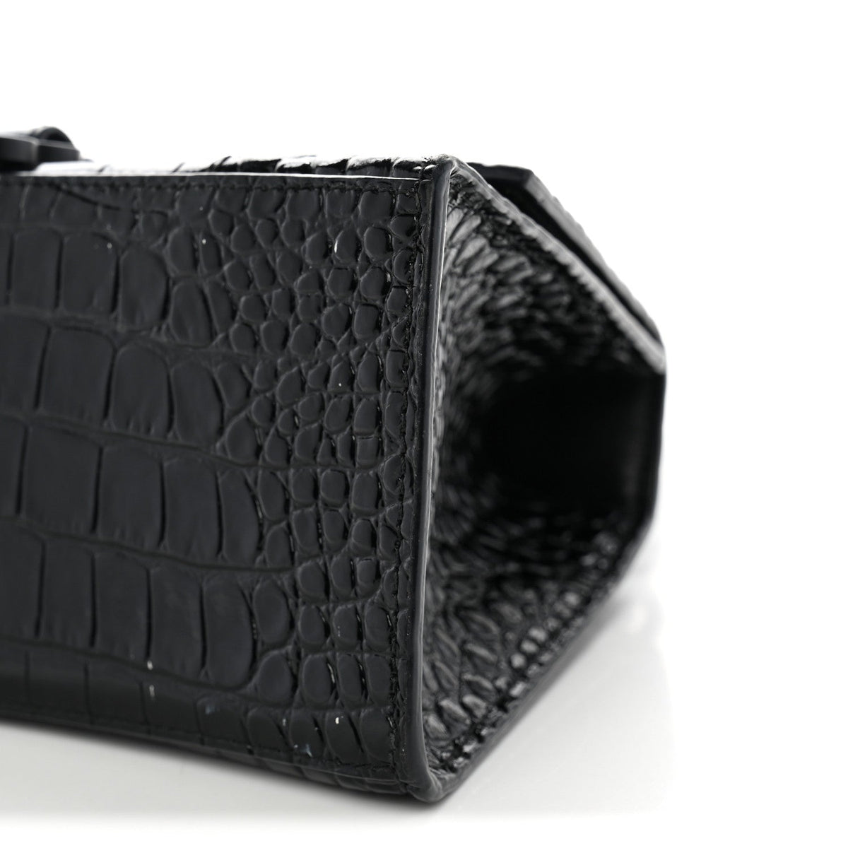 Shiny Calfskin Monochrome Crocodile Embossed Small Hourglass Top Handle Bag Black