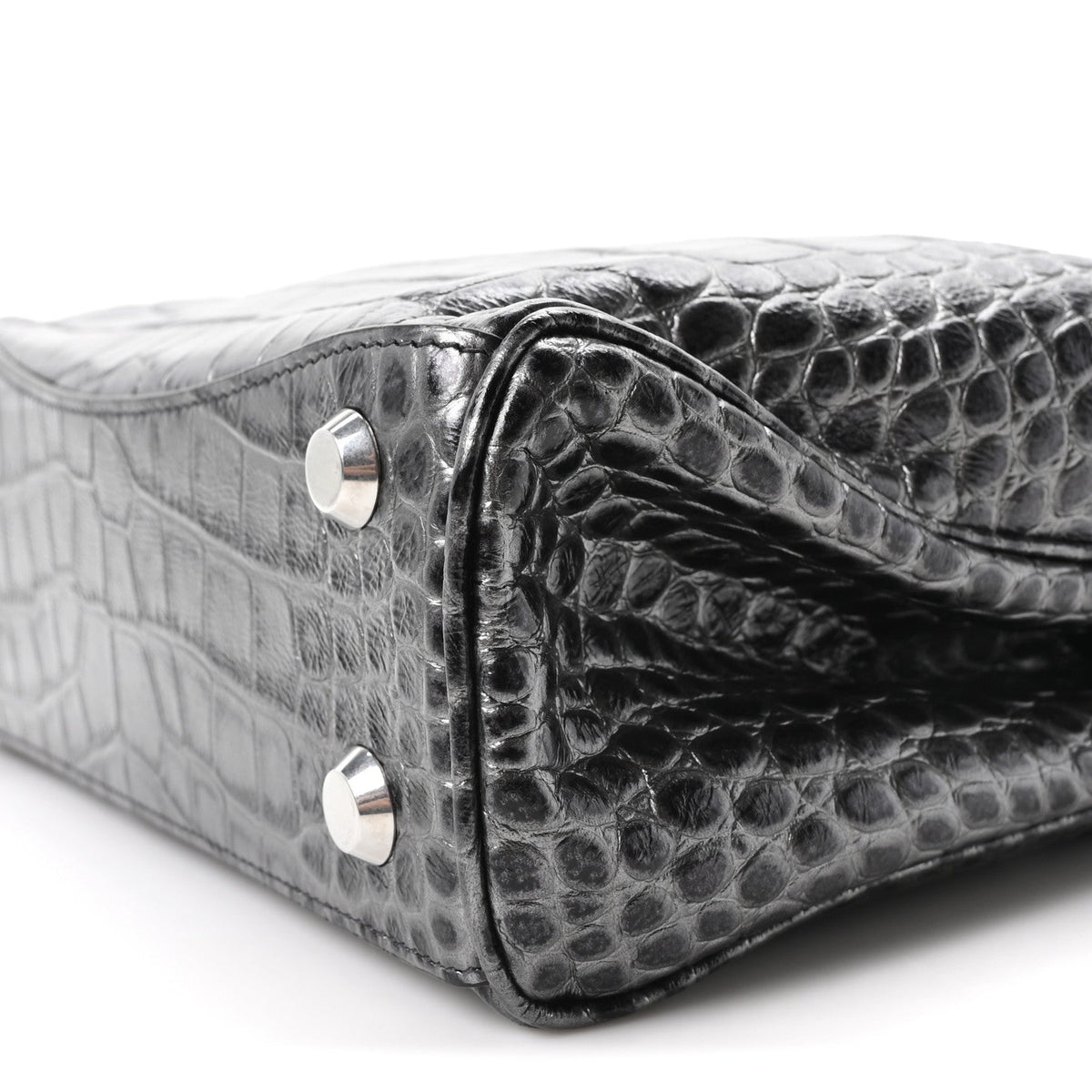 Metallized Calfskin Crocodile Embossed Mini Rodeo Top Handle Handbag Gunmetal