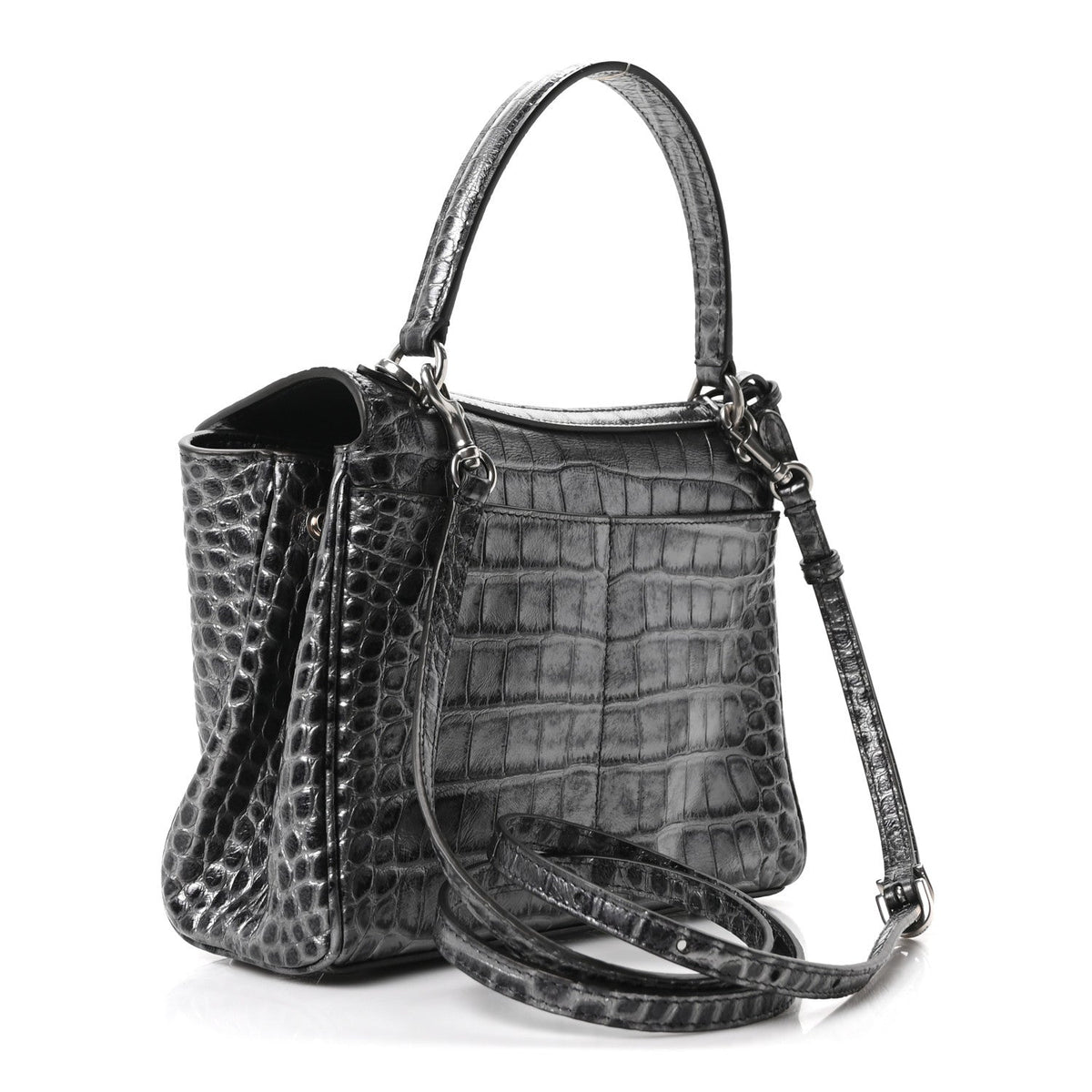 Metallized Calfskin Crocodile Embossed Mini Rodeo Top Handle Handbag Gunmetal