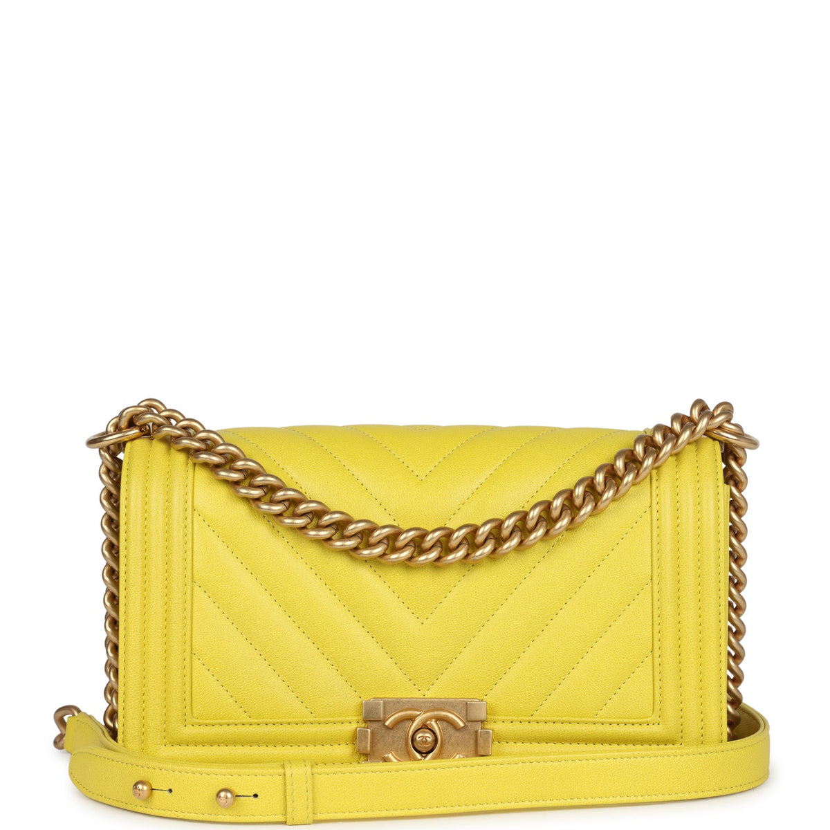 Chanel Medium Chevron Boy Bag Yellow Grained Calfskin Brushed Gold Hardware